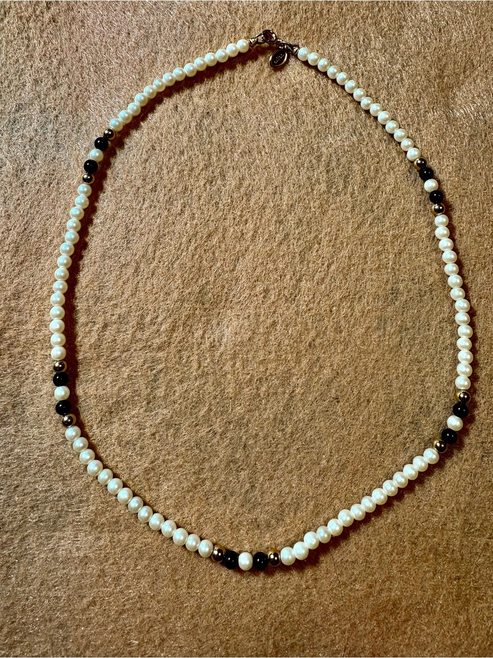 Avon White Pearl Necklace with Black & gold Accent Beads